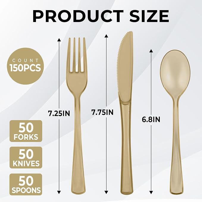 75 PCS Plastic Silverware Disposable Silverware Heavy Duty Utensil Sets 25 Of Each Forks Knives & Spoons Disposable Cutlery Set For Easter,Birthday,Baby Shower,Garden Party,Wedding(75,Gold)