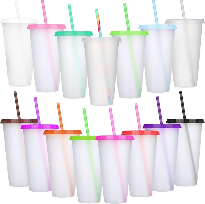 Honeydak 15 Pack Tumbler with Straw and Lid Bulk Cups for Gifts Water Bottle Iced Coffee Travel Mug Cup Reusable Plastic Tumblers for Party Birthdays 24-27 oz (Pretty Color)