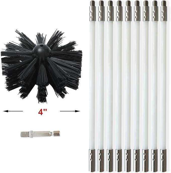 Particle Furnace Cleaning Brush, 100/150mm Brush,Chimney Brush,Dryer Vent Cleaner Kit,Flexible Rods,Up to 13FEET(9Pcs Rods+1Pcs 4" Brush)