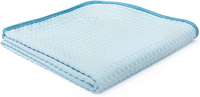 The Rag Company Dry Me A River, Professional Korean 70/30 Blend Microfiber Waffle-Weave Drying & Detailing Towels, Soft Suede Edges, 390 GSM, 20x40 Inches, Light Blue, 2-Pack