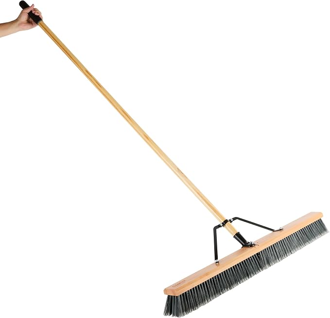 Restaurantware-Clean Tek Professional 36 Inch Push Broom, 1 Heavy-Duty Broom with 60â€ Handle - Medium Plastic Bristles, Durable, Wooden, Commercial Use, for Deck, Driveway, Garage, Yard, Patio