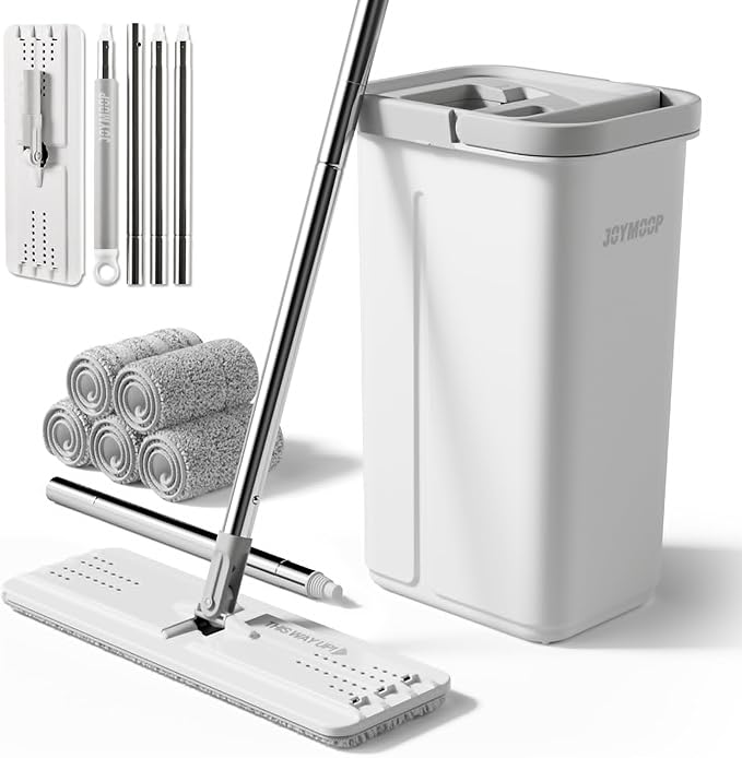 JOYMOOP Mops and Bucket with Wringer Set with 61" Mop Handle with Flexible 13" Flat Head with Flat Mop