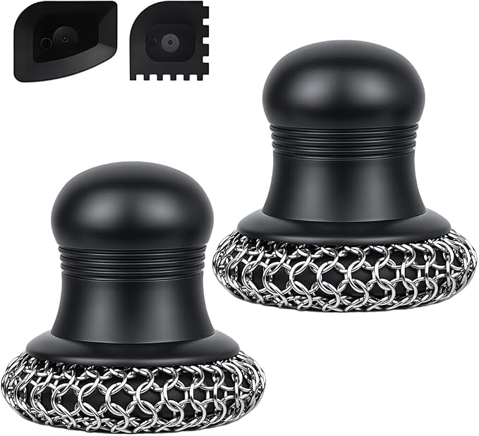 316 Upgraded Cast Iron Scrubber with Pan Scraper,Cast Iron Cleaner for Grill Pan Skillet Wok Carbon Steel,Ergonomic to Hold Easy to Use Dishwasher Safe ((Large Chain Mail,2pcs))