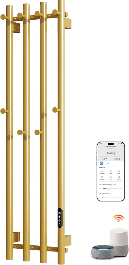 ENZE Smart Heated Towel Rack, Wall Mounted Electric Towel Warmer 300W for Bathroom, WiFi App Control, LED Touch Screen, Adjustable Temperature, 24H Timer, Vertical Model, IPX5, Plug-in/Hardwired, Gold