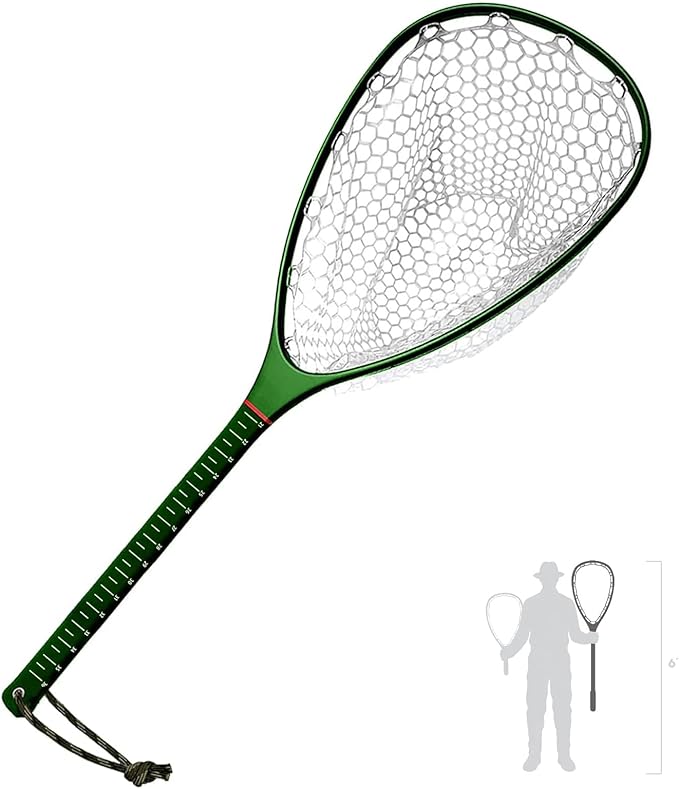 Riverruns Fly Fishing Landing Net Carbon Fiber Trout Net with Measurement Handle, Soft Rubber Mesh - 26" Standard (Wading) / 37" Long (Kayak)
