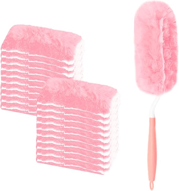 Pink Duster Refill for Swiffer Duster, 20 Count Heavy Duty Duster Refills Kit with 1 Handle for Cleaning Dusting Furniture Blind Ceiling Fan, 360 Disposable Duster Refills Feather Duster