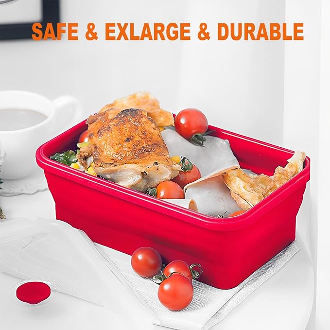 Set of 2 Extra Large Collapsible Silicone Food Storage Containers With Lids,82.8oz + 60.2oz Meal Prep Box, Bento Lunch Boxes, Rv Collapsible Bowls For Camping, Kitchen, BPA Free(Red and Yellow)