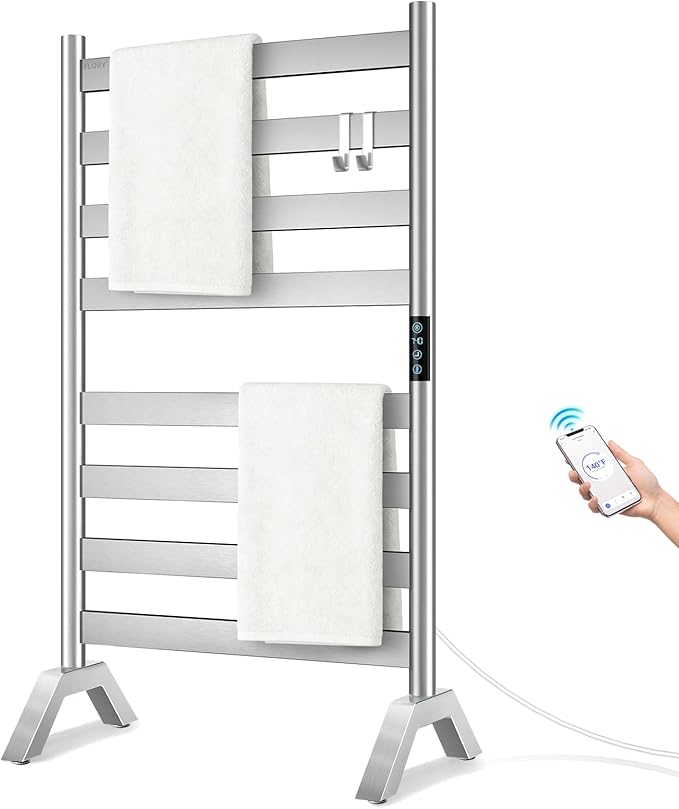 Heated Towel Racks for Bathroom Freestanding & Wall Mounted, WiFi-enable Electric Towel Warmer Rack, Extra-Wide Heating Area Fast Heating with Timer & Temperature Control, 8 Bars, Nickel Silver