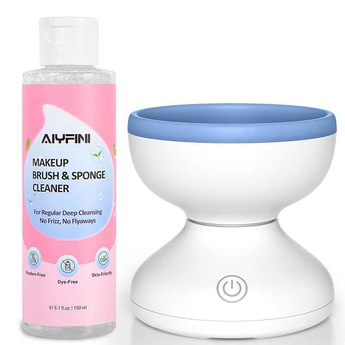Alyfini Makeup Brush Cleaner Machine + Cleanser Solution Combo, Powerful for Tough Residue on Make Up Brushes/Sponges/Puffs
