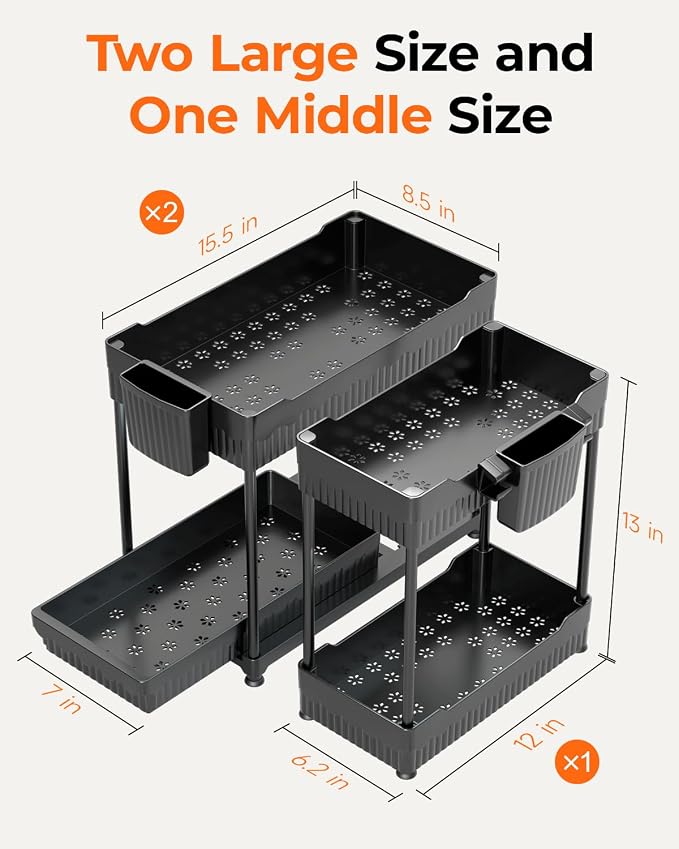 Sevenblue 3 Pack Under Sink Organizers,2-Tier Multi-Use Kitchen and Bathroom Organizers and Storage with Sliding Drawers,Bathroom Cabinet Organizer (Black, 12.8 Inch)