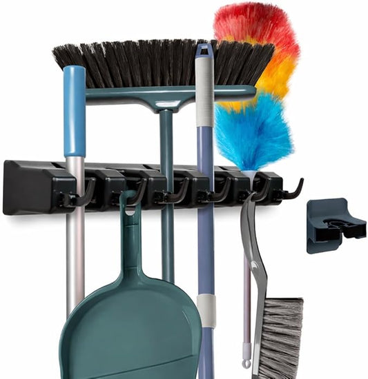 Combo 5 Slot Broom Holder w/ 1 Self Adhesive Mop Gripper No-Drilling, Wall Mount Tool Organizers For Kitchen, Garage, Laundry Room- Anti-Slip Hanger For Brooms, Mops, Rakes, Dustpans (Black / Black)
