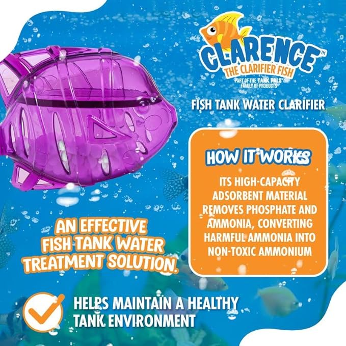 Clarence the Clarifier Fish - 3 pk, Purple - Aquarium Treatment, Clear Cloudy Fresh-Saltwater, Fish-Plant Safe, 10gal Tank Maintenance Each