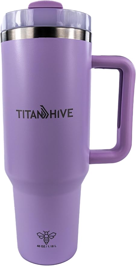 40 oz Insulated Stainless Steel Tumbler with Handle and Straw - Leak Resistant, Cup Holder Friendly Travel Mug (Purple)