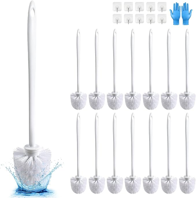 15 Pcs Toilet Brush,14.2" Bathroom Toilet Bowl Brush,Commercial Heavy Duty Toilet Bowl with Hook & Gloves,Long Handle Toilet Bowl for Household Cleaning,Professional/Janitorial Scrub Brush for Toilet
