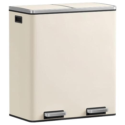 SONGMICS HOME Trash Can with 2 Compartments for Kitchen, Garbage Can with 15 Trash Bags, Beige