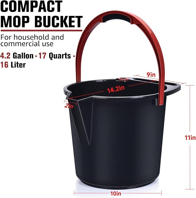Matthew Cleaning 4.2 Gallon Mop Bucket, Heavy Duty Plastic Cleaning Bucket with Built-in Pour Spout, Mop Holder and Comfort Grip Handle, House and Commercial Cleaning Supplies, Case Pack 12 Pcs Black