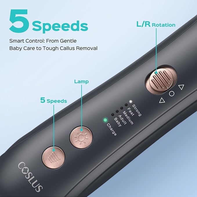 COSLUS C43 Professional Manicure Pedicure Kit, 5-in-1 Electric Nail File for Toenail Hand Feet, Basic & Thick Nails Care, Cordless, 5 Speeds, for Men Women Seniors Home Salon, Wider Grinder, Gray