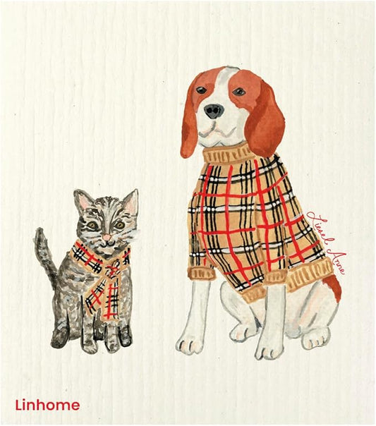 Christmas Holiday Swedish Dishcloth, Cats & Dogs Collection, Reusable Paper Towel, Super Absorbent Cellulose Sponge, Washable Kitchen Cleaning Cloth (Cat & Dog Holiday - 1 Pack)