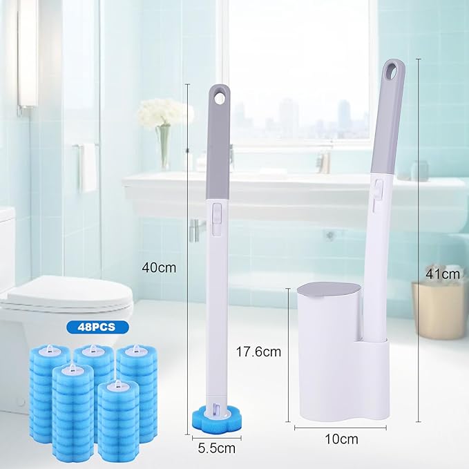 wlich Disposable Toilet Brush with 48 Refills, Bowl Toilet Brush with Wall Mounted Holder, Toilet Bowl Brush Set with Wand and Storage Box for Bathroom Cleaning