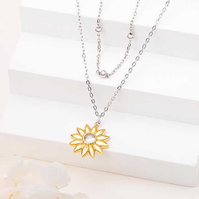 FLYOW Layered Choker Necklace S925 Sterling Silver Star Full Moon Daisy Flower Pendant Disc Jewelry Adjustable Clavicle Necklaces for Women Girls Birthday Gifts