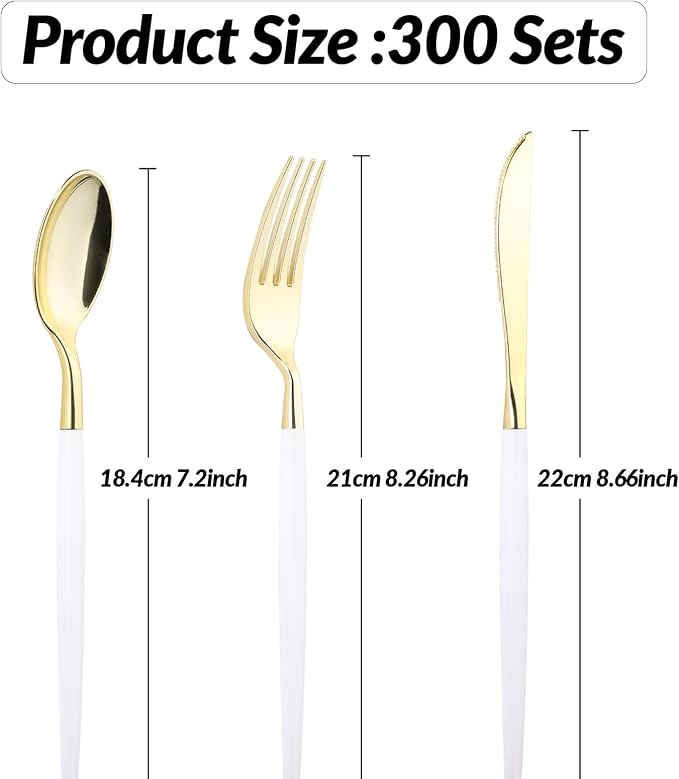 Goodluck 300PCS White Gold Plastic Silverware Set for 100 Guests, 100 Knives, 100 Forks and 100 Spoons, Food-grade material free of BPA, Gold Plastic Cutlery Ideal for Weddings, Birthdays, Graduation