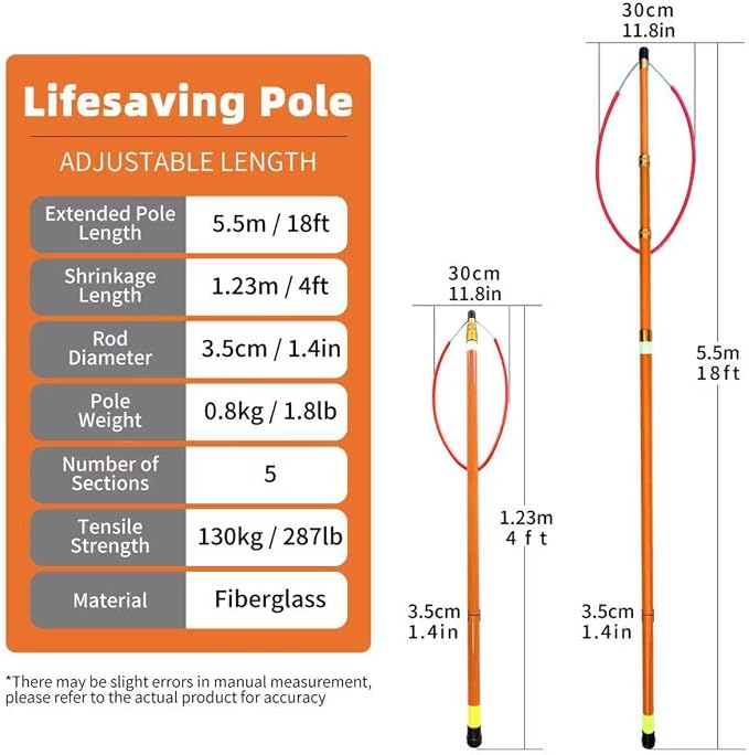 18ft Telescopic Pool Rescue Hook | OSHA Water Rescue Pole & Emergency Hook with Night Glow | Fiberglass Pool Safety Pole for Home/Water Parks