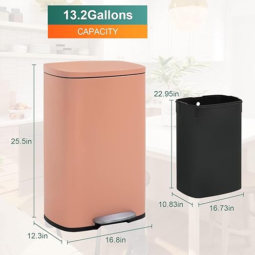 BestOffice 13.2 Gallon(50L) Trash Can, Fingerprint Proof Stainless Steel Kitchen Garbage Can with Removable Inner Bucket and Hinged Lids, Pedal Rubbish Bin for Home Office