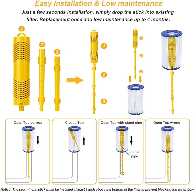 Spa Mineral Stick 4 Pack Hot Tub Filter with 4 Months Lifetime Cartridge Universal for Spas Filters Swimming Pool Fish Pond (Yellow)