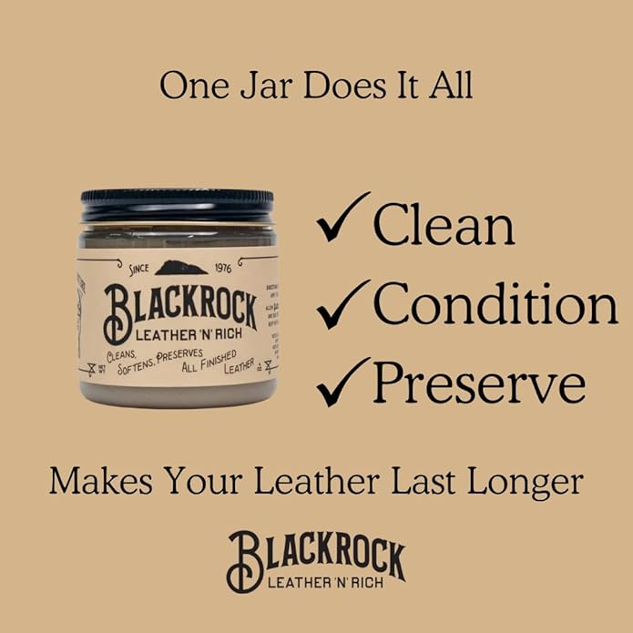 Blackrock Leather N Rich Leather Care Kit. 2-in-1 cleaner and conditioner for sofas, boots, purses, car interiors, horse tack. Made in the USA. Easy to use. Make your leather last longer.