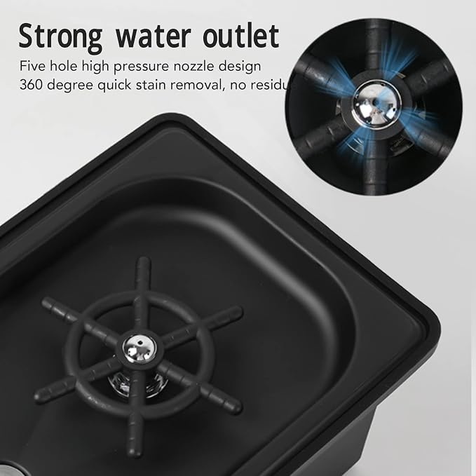Focket Pitcher Rinser, Stainless Steel Kitchen Sink Glass Rinser with Drain and Drip Tray, Countertop Automatic Cup Washer for Bar, Home, Cafe, Restaurant, Household & Commercial (Black) (Large)