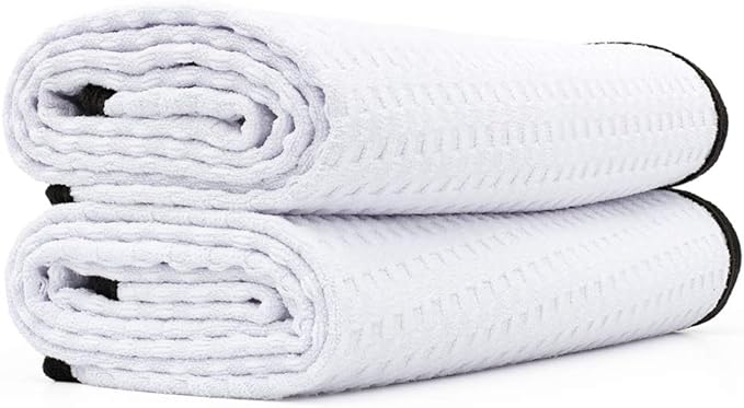 The Rag Company Dry Me A River, Professional Korean 70/30 Blend Microfiber Waffle-Weave Drying & Detailing Towels, Soft Suede Edges, 390 GSM, 20x40 Inches, White, 2-Pack