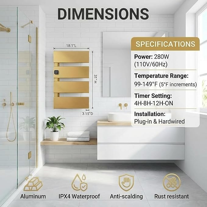L Series Electric Towel Warmer for Bathroom, 4 Panel, Gold | Thermo Control and Timer, Fast Heat in 3 Mins, Dry Towels in 4 hrs, Memory Function, Work with Smart Plug, Left-Wiring