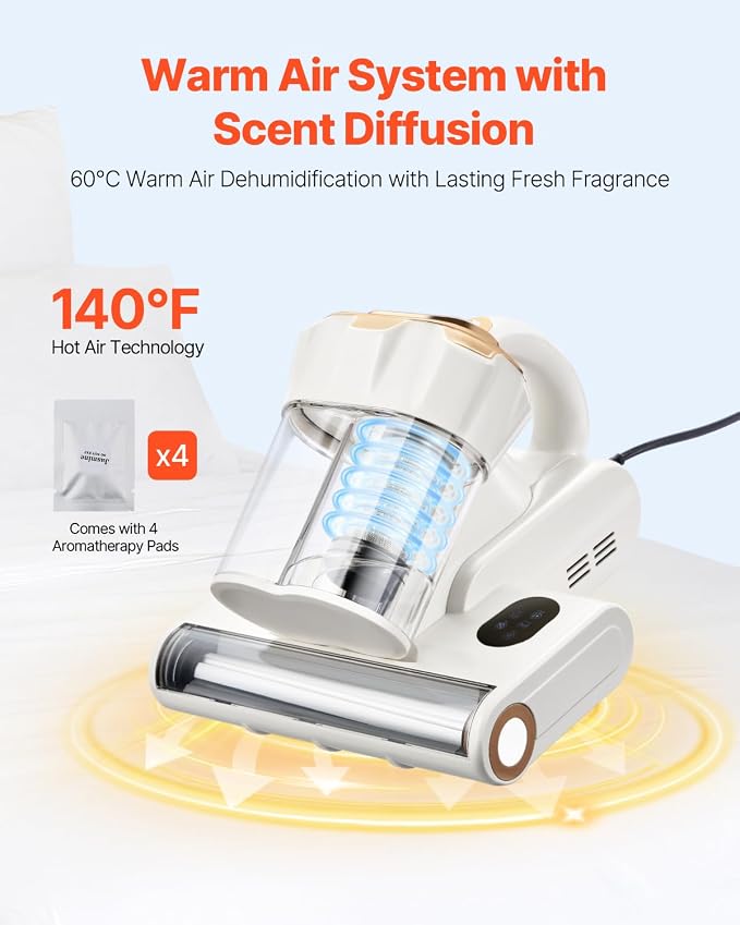 VEVOR Mattress Vacuum Cleaner, 550W Bed Vacuum Cleaner with 18Kpa Powerful Suction and Dual Dust Bin, HEPA Filter & Heating, Ultrasound Tech & Cleaning Lights, Handheld for Bed, Sofa, Corded, White