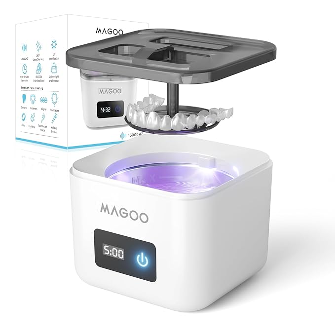 Ultrasonic Retainer Cleaner Machine, Denture Cleaner for Aligners Night Guards Braces Mouth Guards Toothbrush Heads，All-in-One Dental & Jewelry Cleaner, 45kHz 200ML, Dual Modes