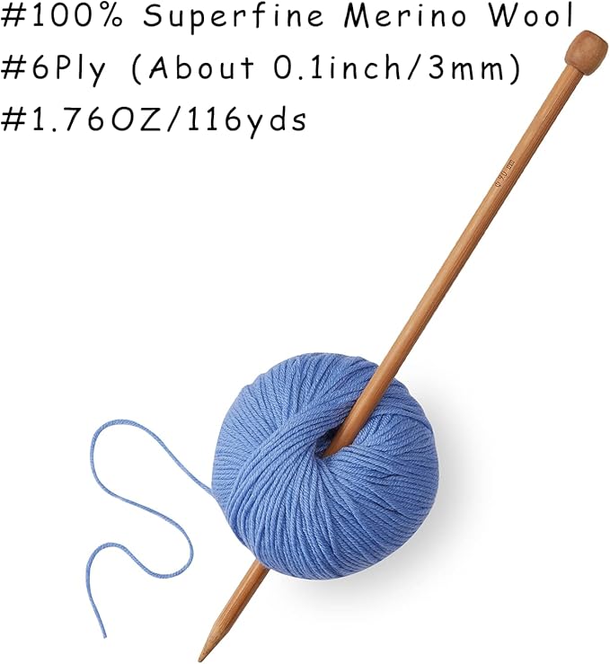 100% Merino Wool Yarn, 6-Ply Luxurious and Soft Yarn for Hand Knitting & Crocheting, 1.76 OZ/50g, 127 yds/116 Meters (Blue, 1 Ball)