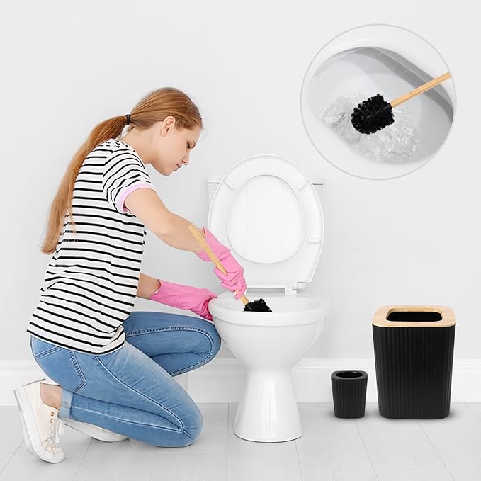 XLHOMO Black Bathroom Accessories Set, 9PCS Bathroom Accessory Set with Trash Can,Tray,Soap Dispenser,Toothbrush Holder,Toothbrush Cup,Soap Dish,Toilet Brush and Q-tip Holders for Housewarming