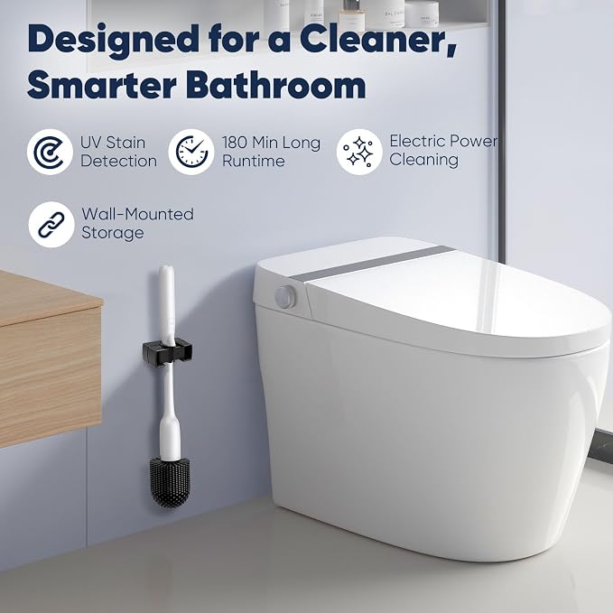 EKZ Electric Toilet Brush with UV Stain Detection, High-Torque Deep Cleaning, Dual-Speed 80/200 RPM, Silicone Brush Head, Wall-Mounted Holder, Type-C Rechargeable, White