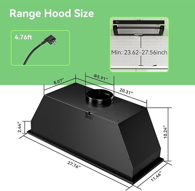 magicplux 30 Inch Built-in Range Hood,Dutched/Dutchless Convertable with 600CFM Suction,Vent Hood with Bright LED Light,3 Speed Fan,Black