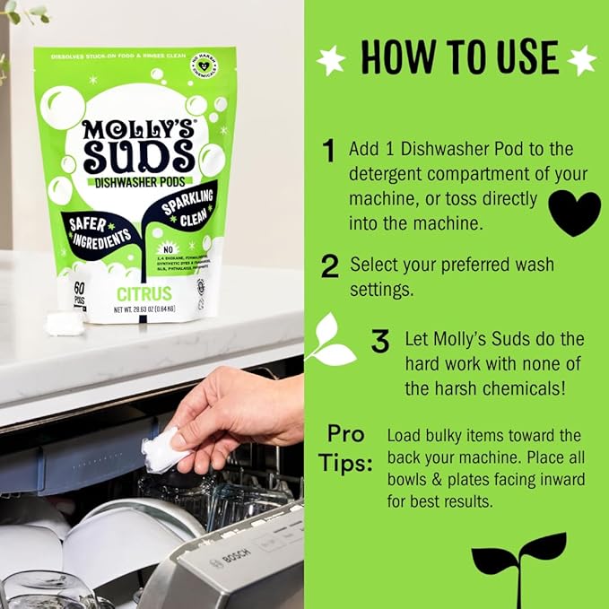 Molly's Suds Household Essentials Bundle | Comes with Citrus Dishwasher Pods, Peppermint Liquid Laundry Detergent, and 2-Pack Peppermint All Purpose Cleaner