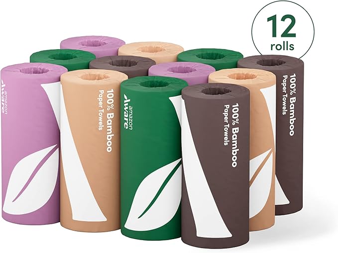 Amazon Aware Bamboo Paper Towels, 12 Rolls, 2 ply, FSC Certified, 150 Sheets, 1800 Count, Pack of 12, Plastic-Free, White