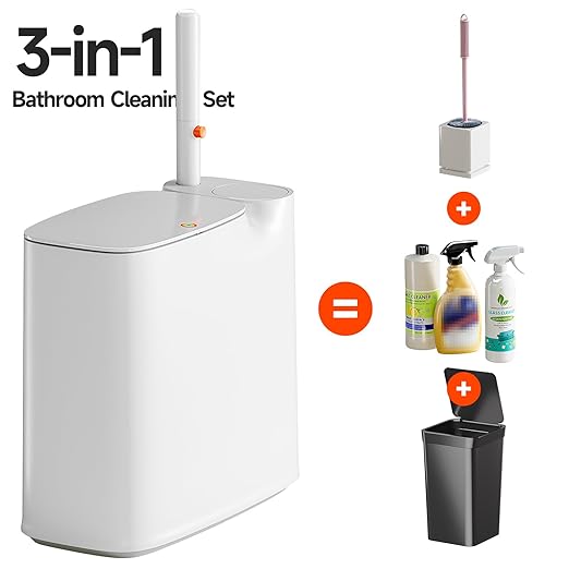 CTIME Bathroom Trash can Set, 2 Gallon White Small Trash Can with Lid, Disposable Toilet Brush, Storage Caddy and 12 Refills, Slim Garbage Can for Bathroom, RV