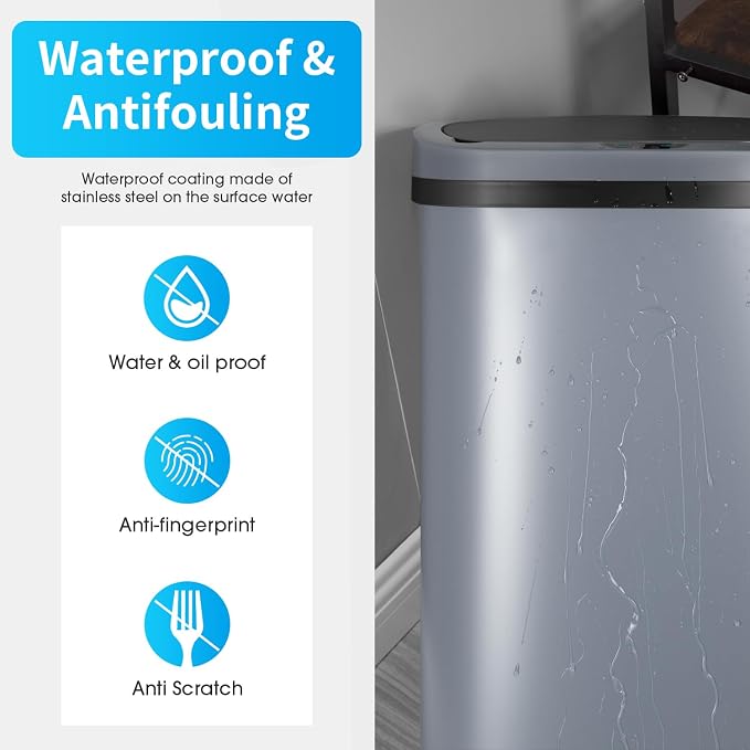 BestOffice Trash Can Broken-Resistant Plastic Touch Free High-Capacity Garbage Can with Lid for Bedroom Bathroom Home Office 49 Liter 13 Gallon Trash Can Automatic Kitchen Trash Can