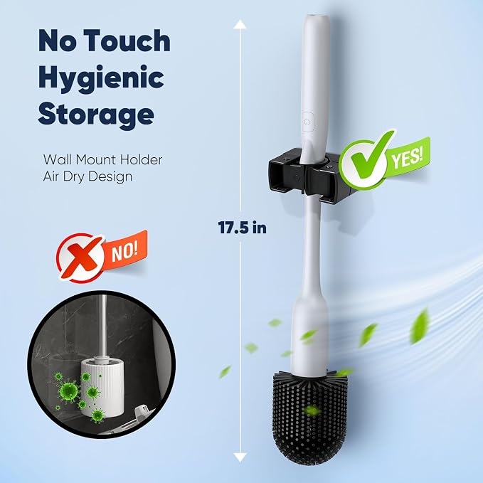 EKZ Electric Toilet Brush with UV Stain Detection, High-Torque Deep Cleaning, Dual-Speed 80/200 RPM, Silicone Brush Head, Wall-Mounted Holder, Type-C Rechargeable, White