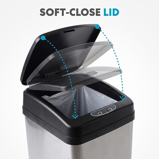 SIMPLI-Magic 12 Gallon / 45 Liter Square Kitchen Stainless Steel Sensor Trash Can, Touchless Automatic Kitchen Garbage Bin with Soft-Close Lid