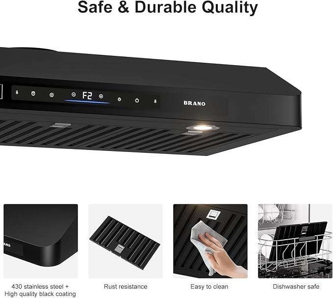 BRANO 36 Inch Under Cabinet Range Hood with Voice/Gesture/Touch Control, 900 CFM Kitchen Vent Hood with 4-Speed Exhaust Fan, Stainless Steel Stove Hood with LED Lights, Baffle Filters