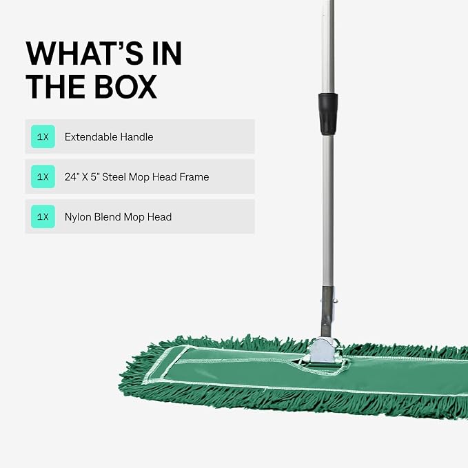 24 Inch Green Commercial Dust Mop & Floor Sweeper with Extendable Handle – Mop for Hardwood, Tile, and Concrete Floor Cleaning