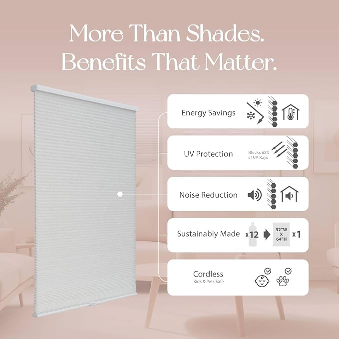 REGAL estate QuickInsta PeelMount No Drill No Tools Cordless 1" Light Filtering Cellular Shade, 37" W x 72" H, Light Gray