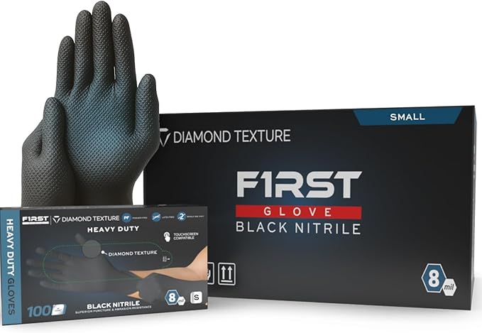 First Glove 8 Mil Heavy Duty Black Nitrile Gloves - Raised Diamond Textured Grip - Gloves for Mechanic, Automotive & Work
