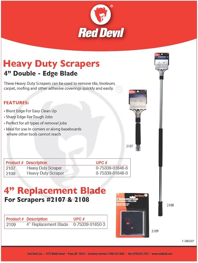 Red Devil 2107 Short Handle Heavy Duty Floor Scraper with 4-Inch Double Edge Steel Blade, Cushioned Grip Handle for Tile, Linoleum, and Carpet Removal