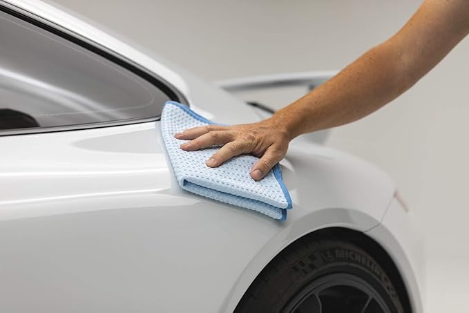 The Rag Company Dry Me A River, Professional Korean 70/30 Blend Microfiber Waffle-Weave Drying & Detailing Towels, Soft Suede Edges, 390 GSM, 20x40 Inches, Light Blue, 2-Pack